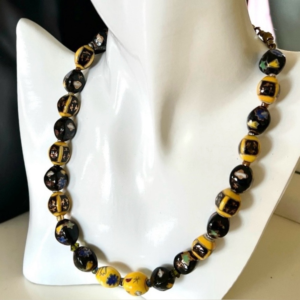 🎁Glass Bead Statement Necklace•Vintage Artisan•Chinese Lantern•BlackYellow Gold